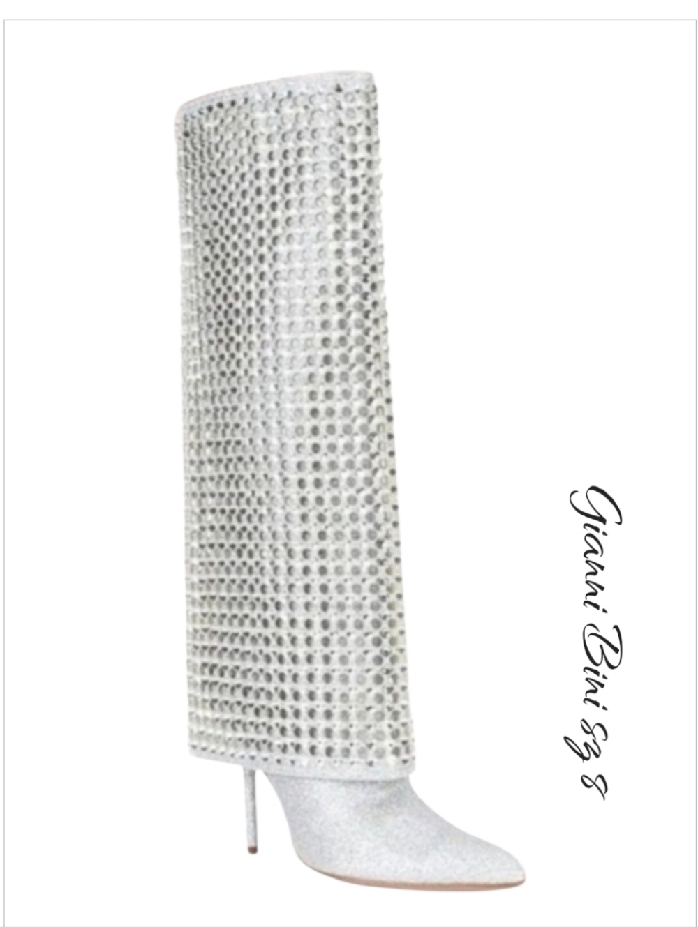 NWT Gianni Bini Lowry Silver Rhinestone Foldover Stiletto Tall Boots Sz 8